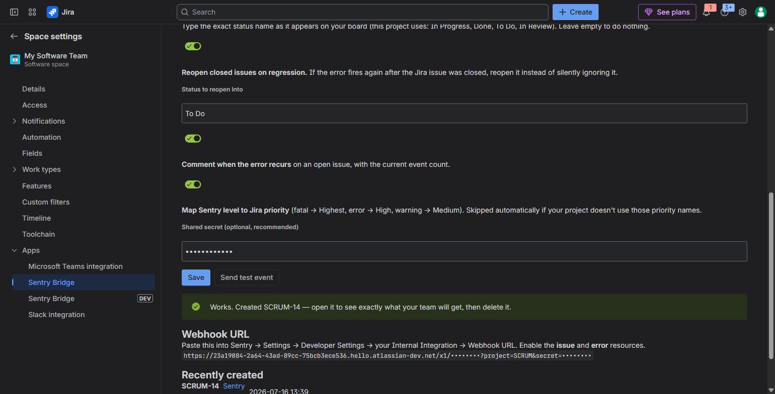The Sentry Bridge settings page inside Jira project settings, with a green banner confirming a test event created a real Jira issue