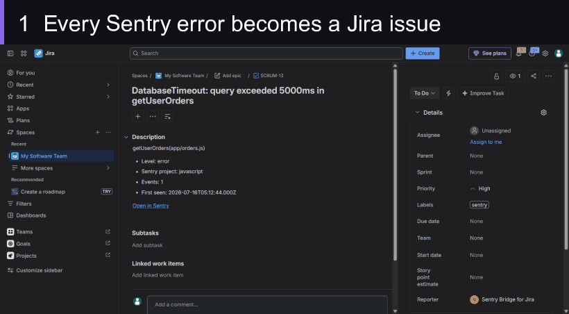 Animated demo of Sentry Bridge for Jira: a Sentry error becomes a Jira issue, the issue reopens on regression, and a one-click test event proves it works