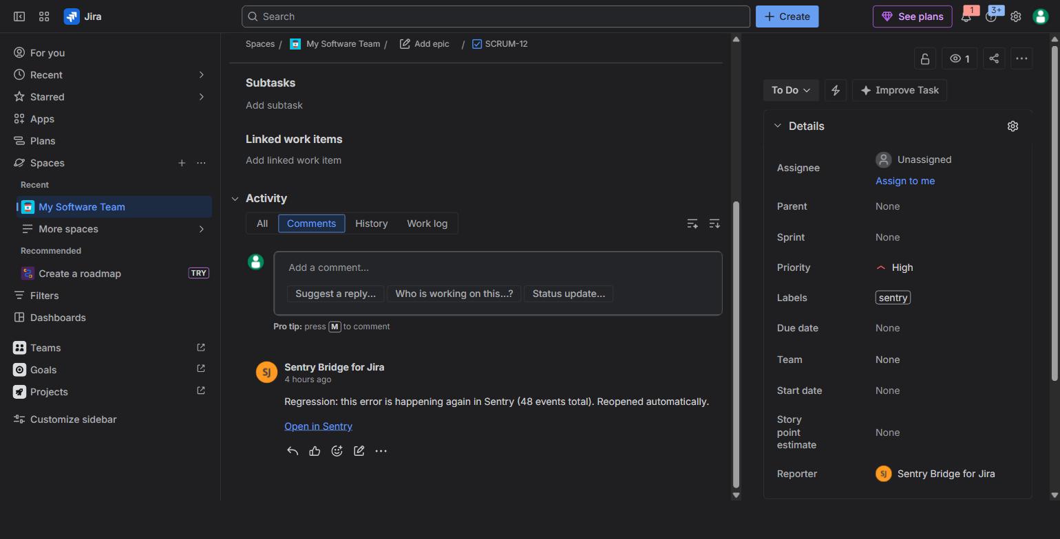 A reopened Jira issue with a bot comment: Regression: this error is happening again in Sentry, 48 events total, reopened automatically
